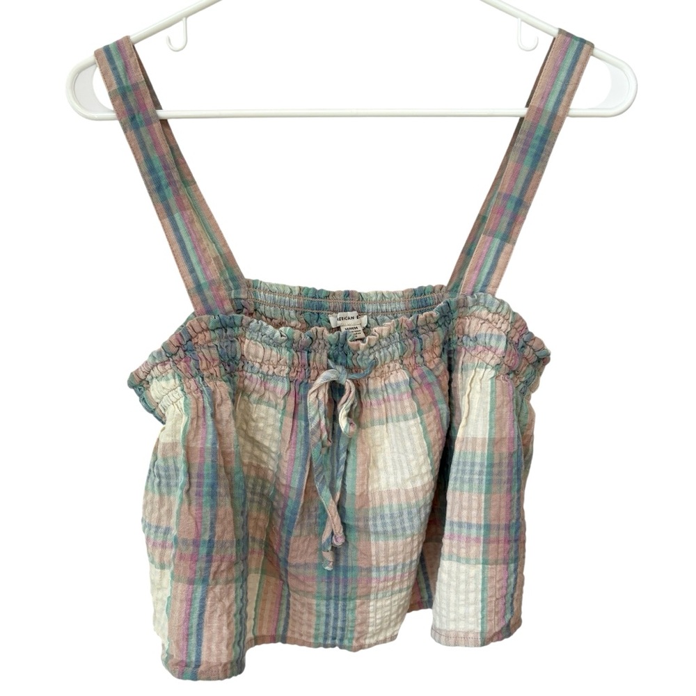 American Eagle Smocked Plaid Tank Top Women’s M Multicolor Preppy Coastal NWT